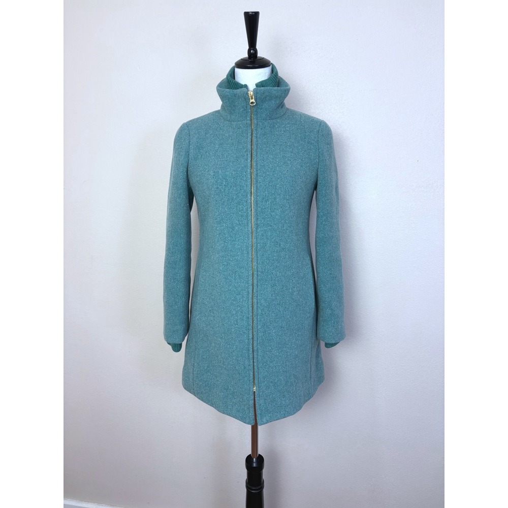 J. Crew Italian Stadium Cloth Lodge Teal Wool Coat Size 2 Full Zip Mock Neck